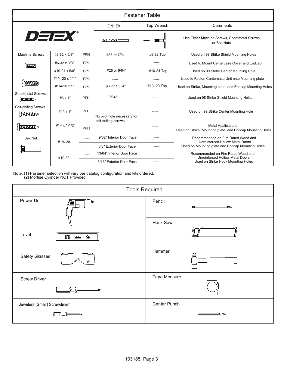 Tools required, Fastener table | Detex V40 EE User Manual | Page 3 / 16