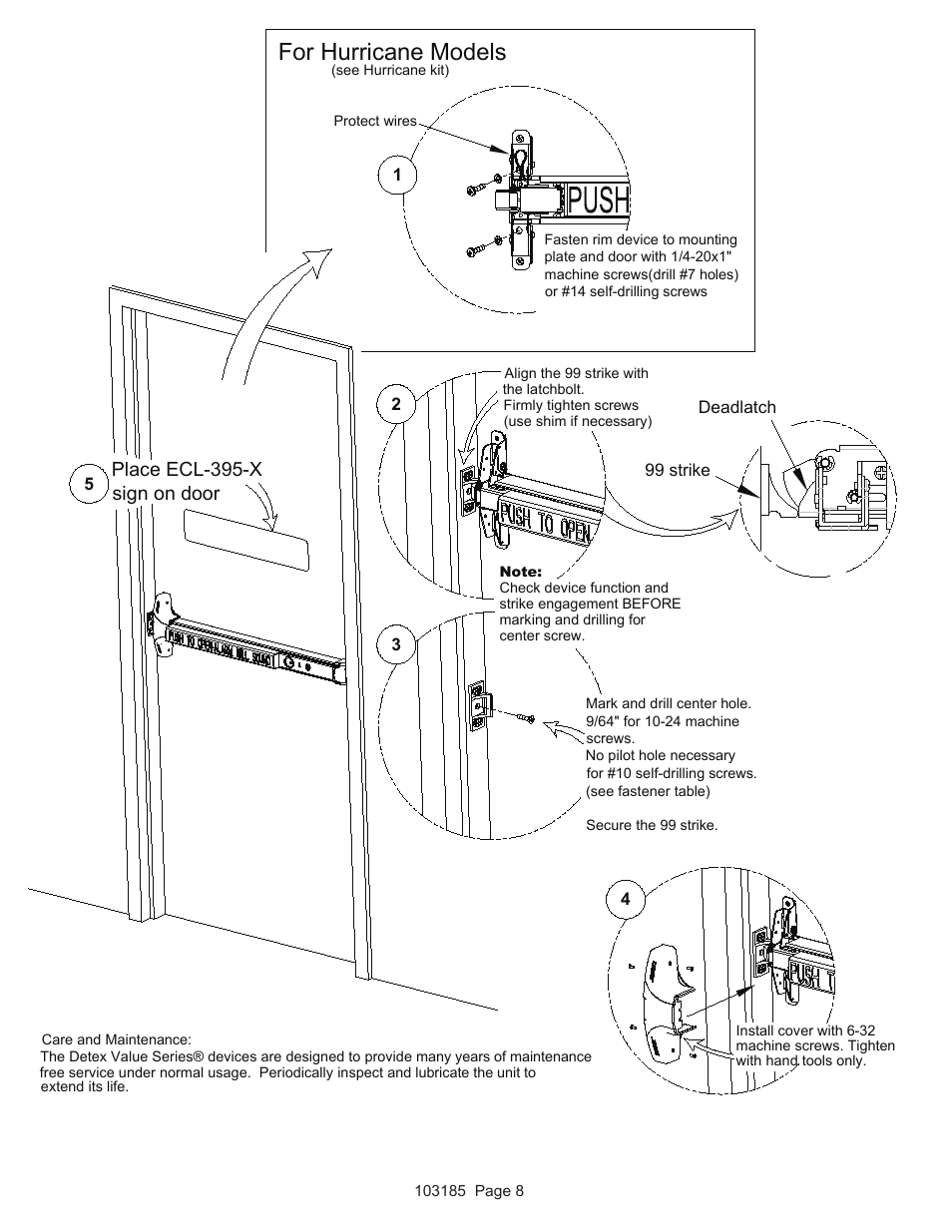 For hurricane models, Place ecl-395-x sign on door | Detex V40 EE User Manual | Page 8 / 16