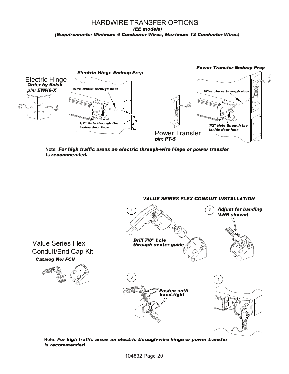 Value series flex conduit/end cap kit, Electric hinge, Hardwire transfer options | Power transfer | Detex V50 EE User Manual | Page 20 / 23