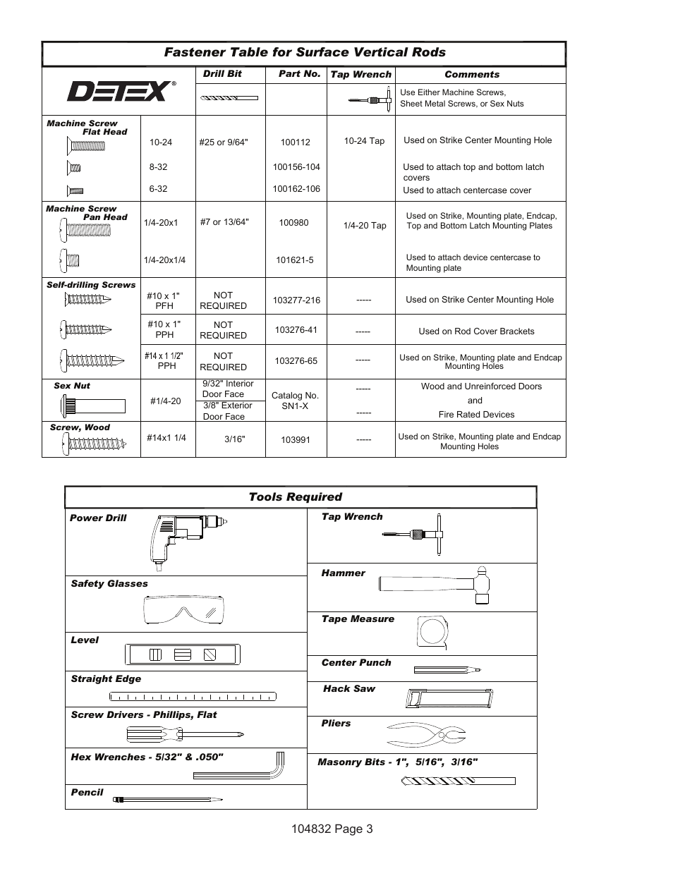 Fastener table for surface vertical rods, Tools required | Detex V50 EE User Manual | Page 3 / 23