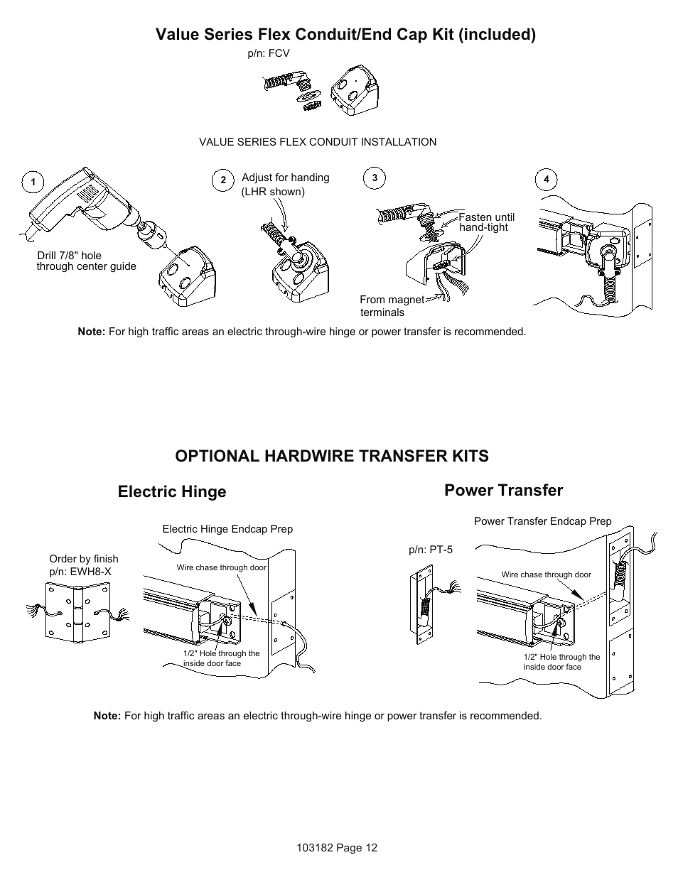 Electric hinge, Value series flex conduit/end cap kit (included), Optional hardwire transfer kits | Power transfer | Detex Delayed Egress With Magnetic Lock User Manual | Page 12 / 16