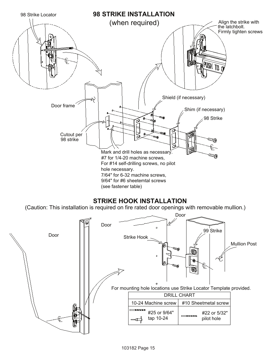 When required), 98 strike installation, Strike hook installation | Detex Delayed Egress With Magnetic Lock User Manual | Page 15 / 16