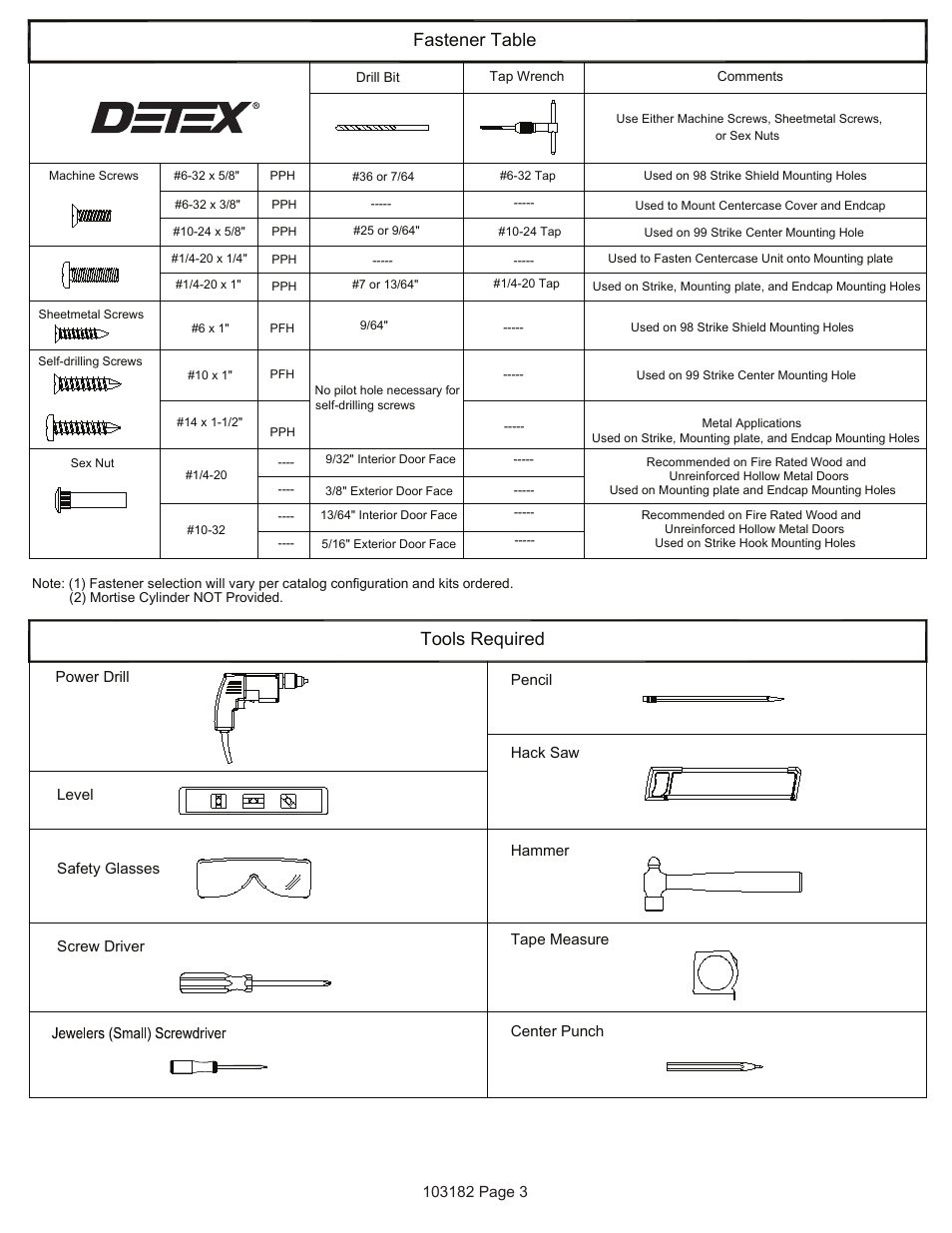 Fastener table, Tools required | Detex Delayed Egress With Magnetic Lock User Manual | Page 3 / 16