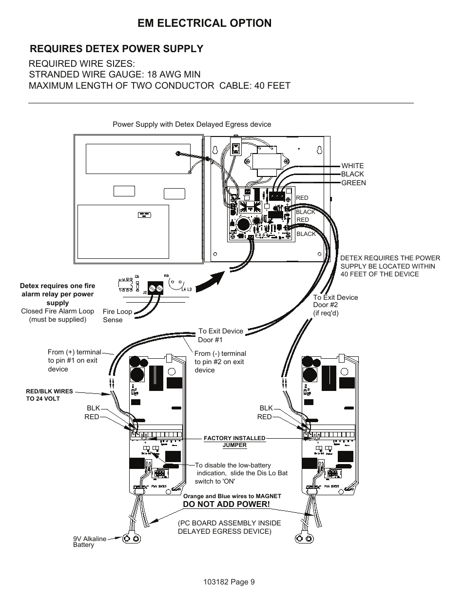 Em electrical option, Requires detex power supply | Detex Delayed Egress With Magnetic Lock User Manual | Page 9 / 16