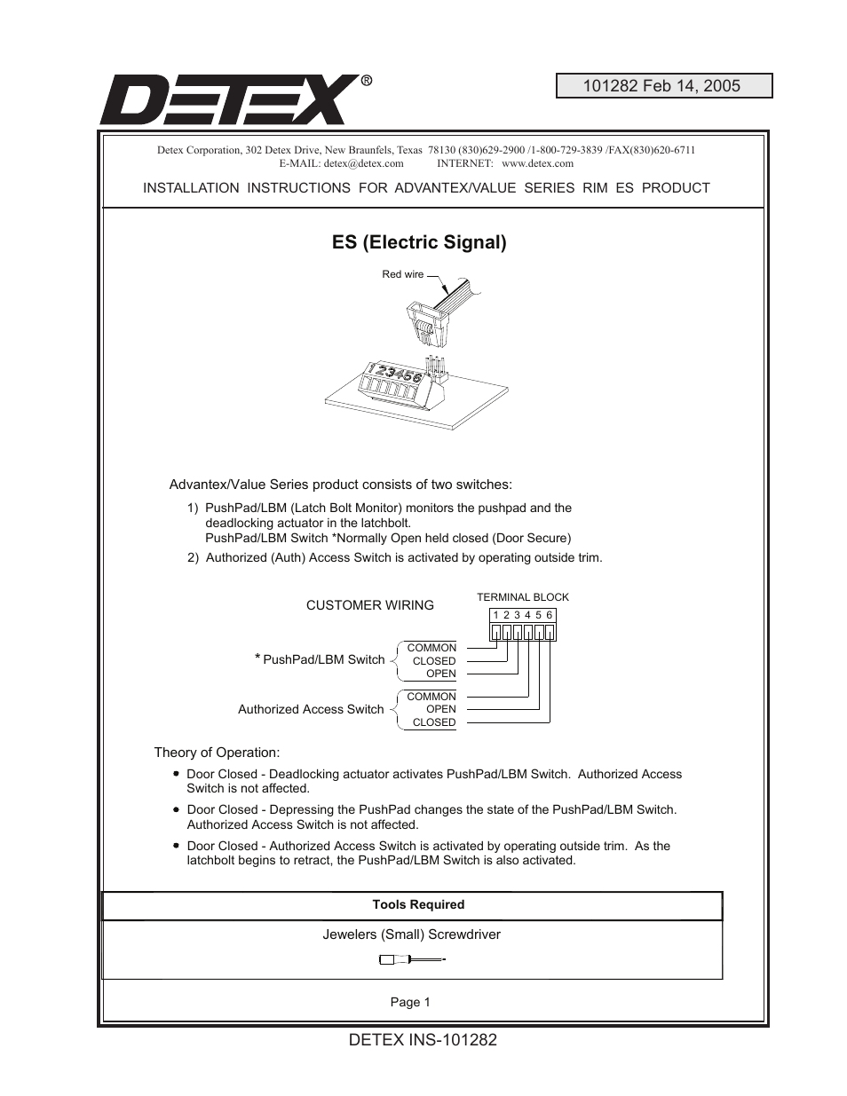 Detex Electric Signal Switching User Manual | 1 page