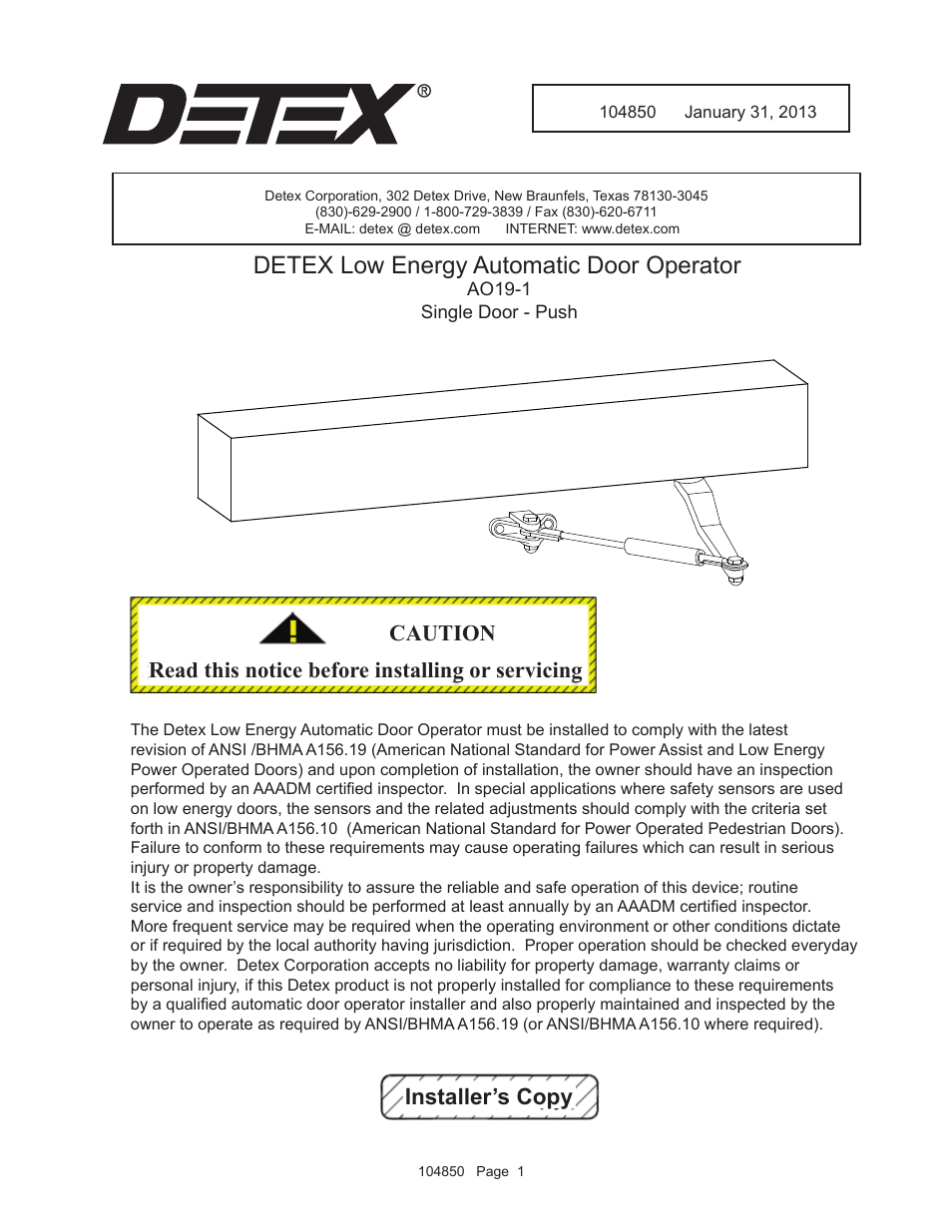 Detex AO19-1 Push User Manual | 10 pages