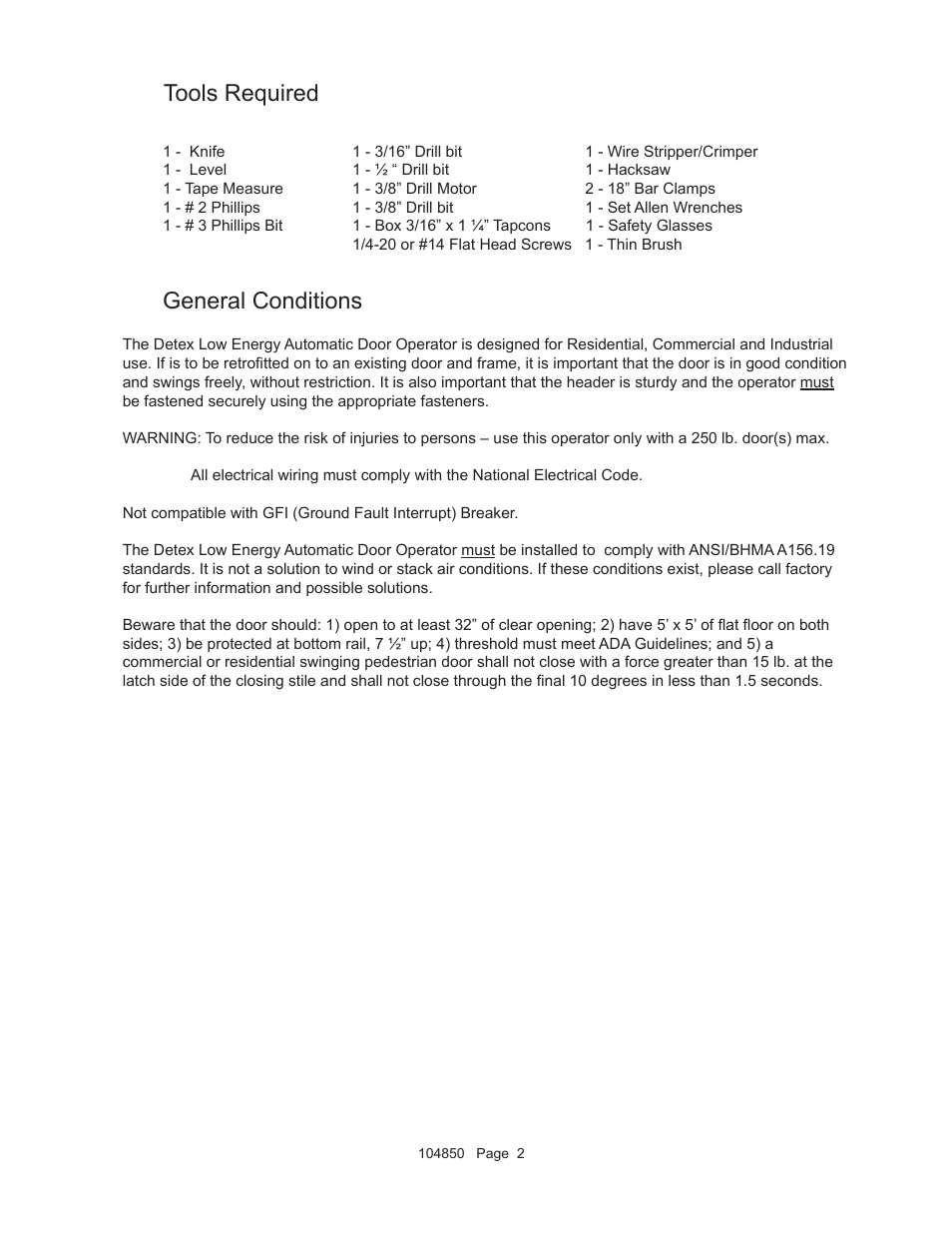 Tools required, General conditions | Detex AO19-1 Push User Manual | Page 2 / 10
