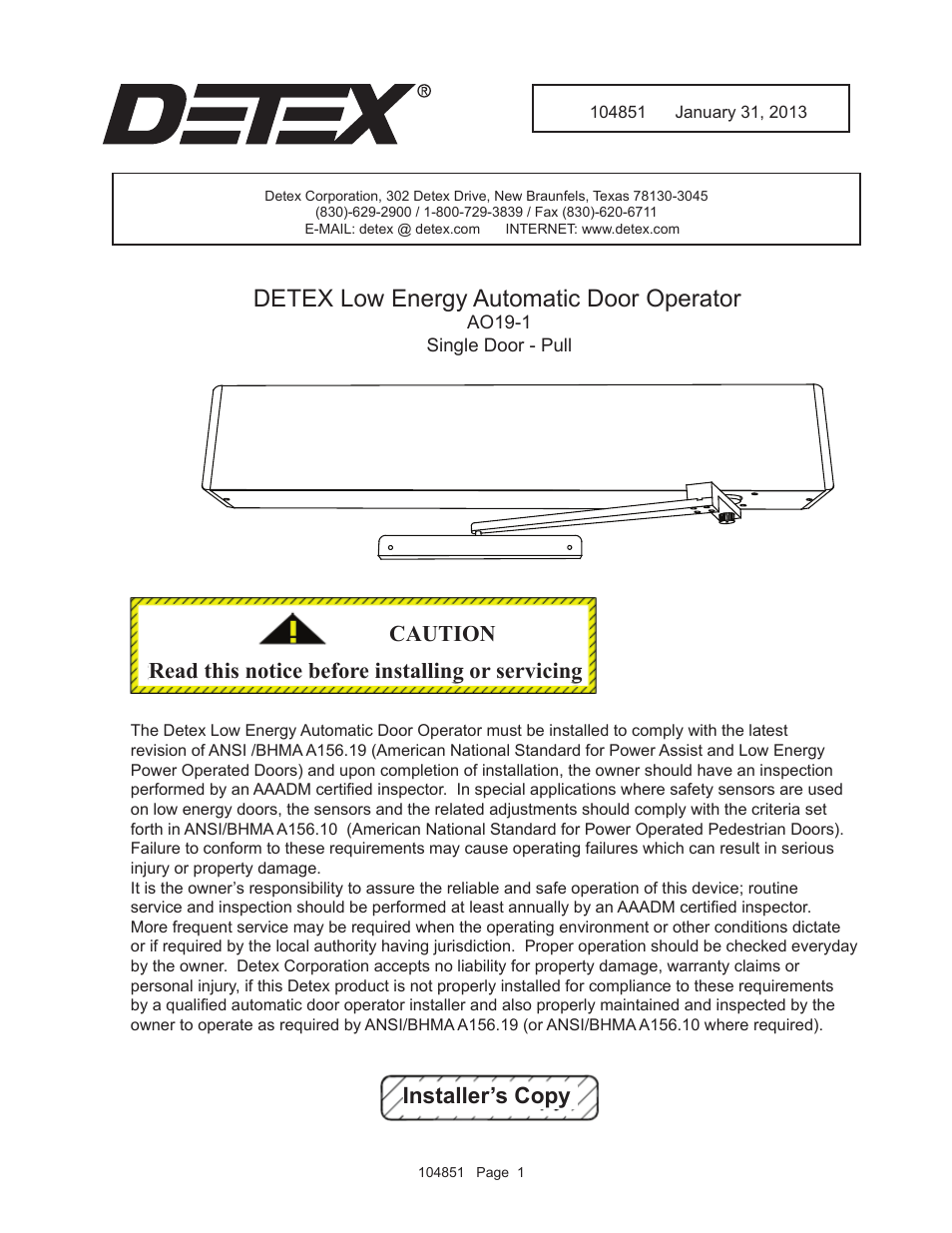 Detex AO19-1 Pull User Manual | 9 pages