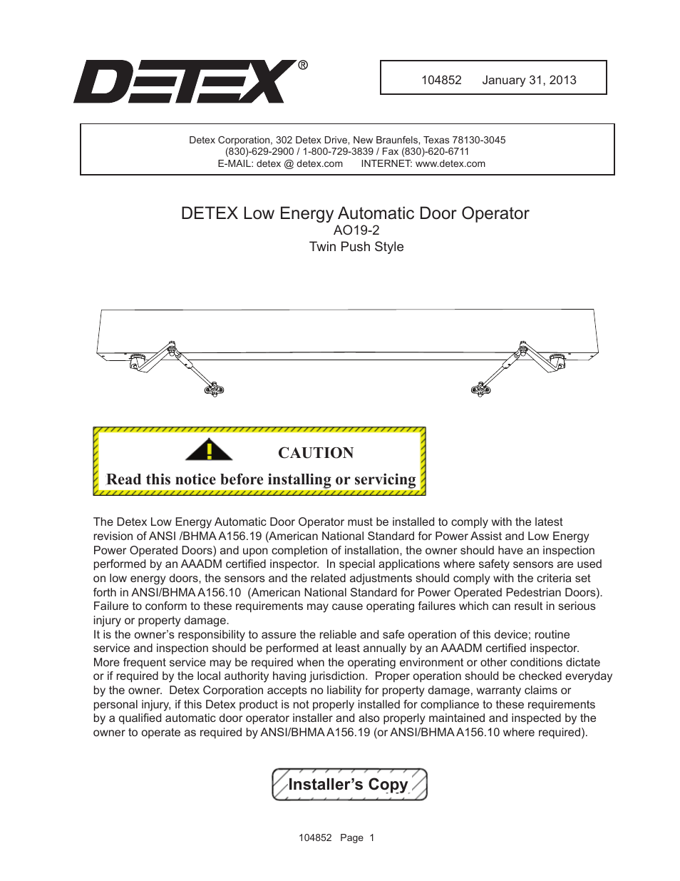 Detex AO19-2 Push User Manual | 11 pages