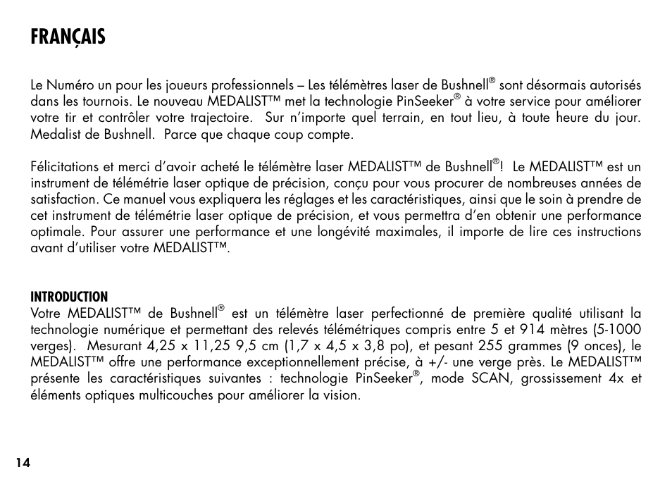 Français | Bushnell MEDALIST 201355 User Manual | Page 16 / 75
