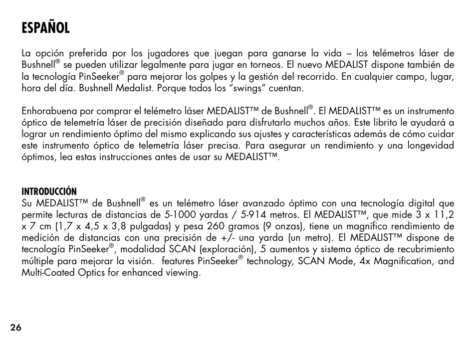 Español | Bushnell MEDALIST 201355 User Manual | Page 28 / 75