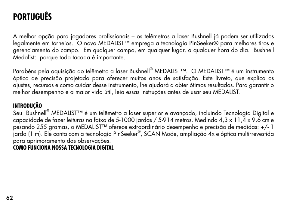 Português | Bushnell MEDALIST 201355 User Manual | Page 64 / 75