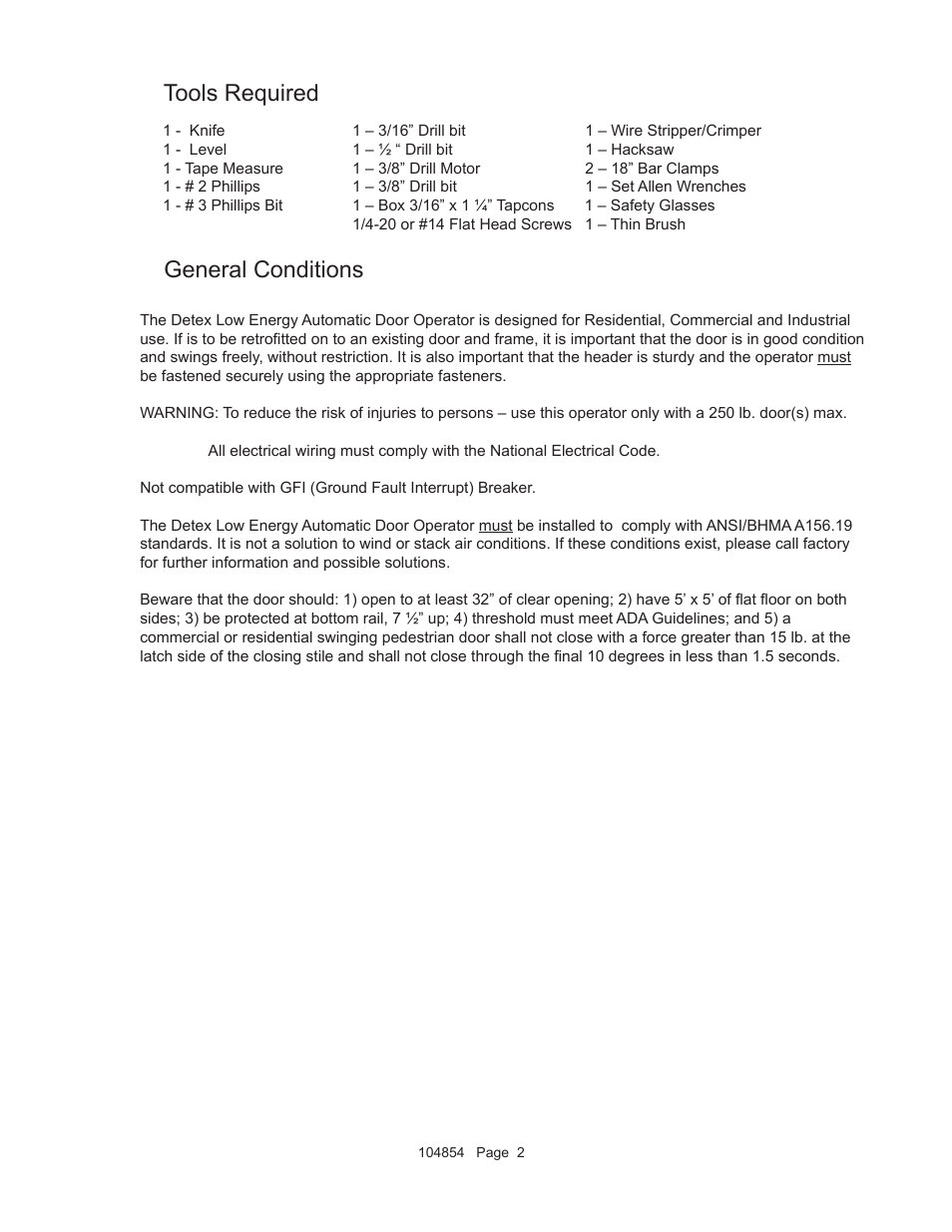 Tools required, General conditions | Detex AO19-3 User Manual | Page 2 / 12