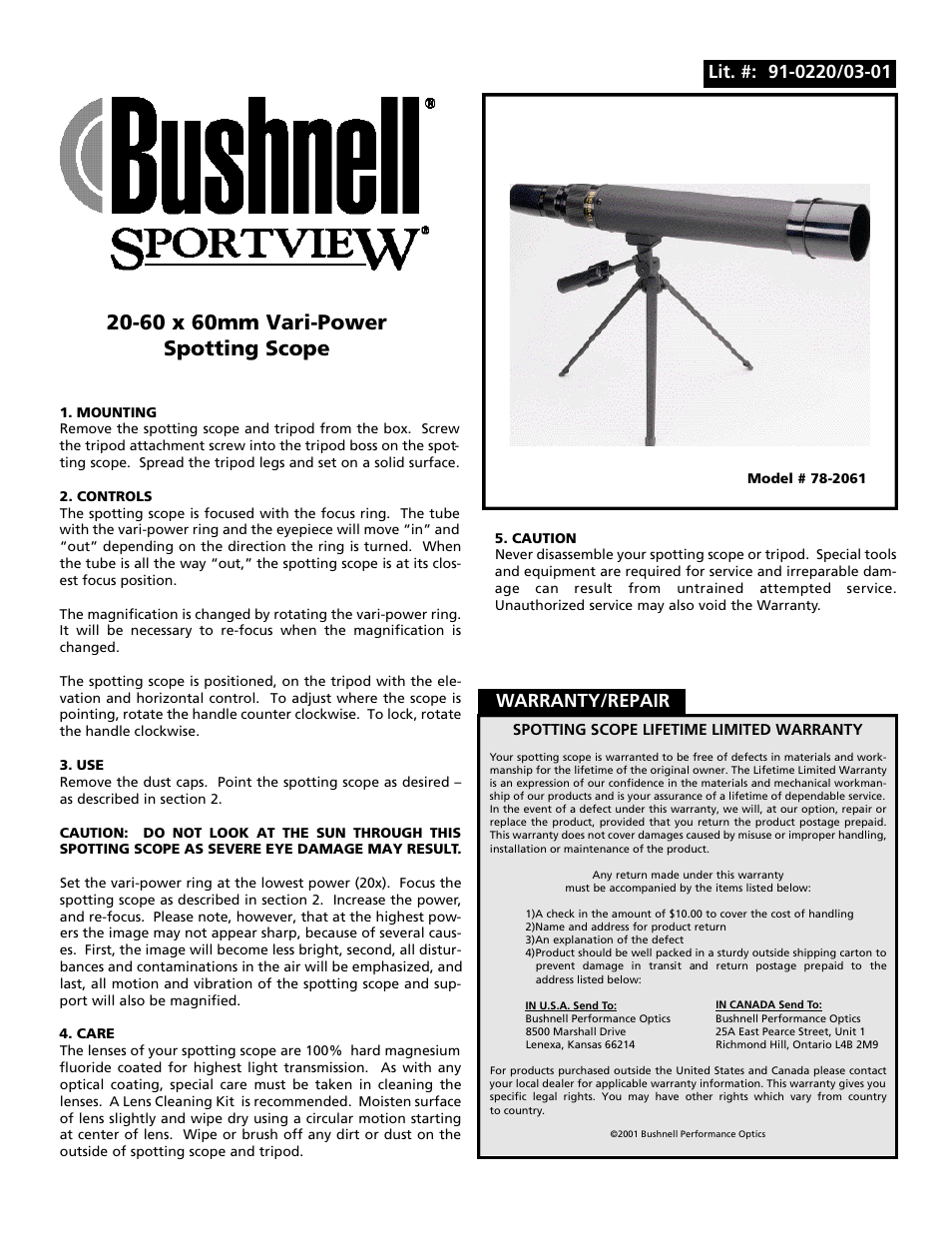 Bushnell 78-2061 User Manual | 1 page