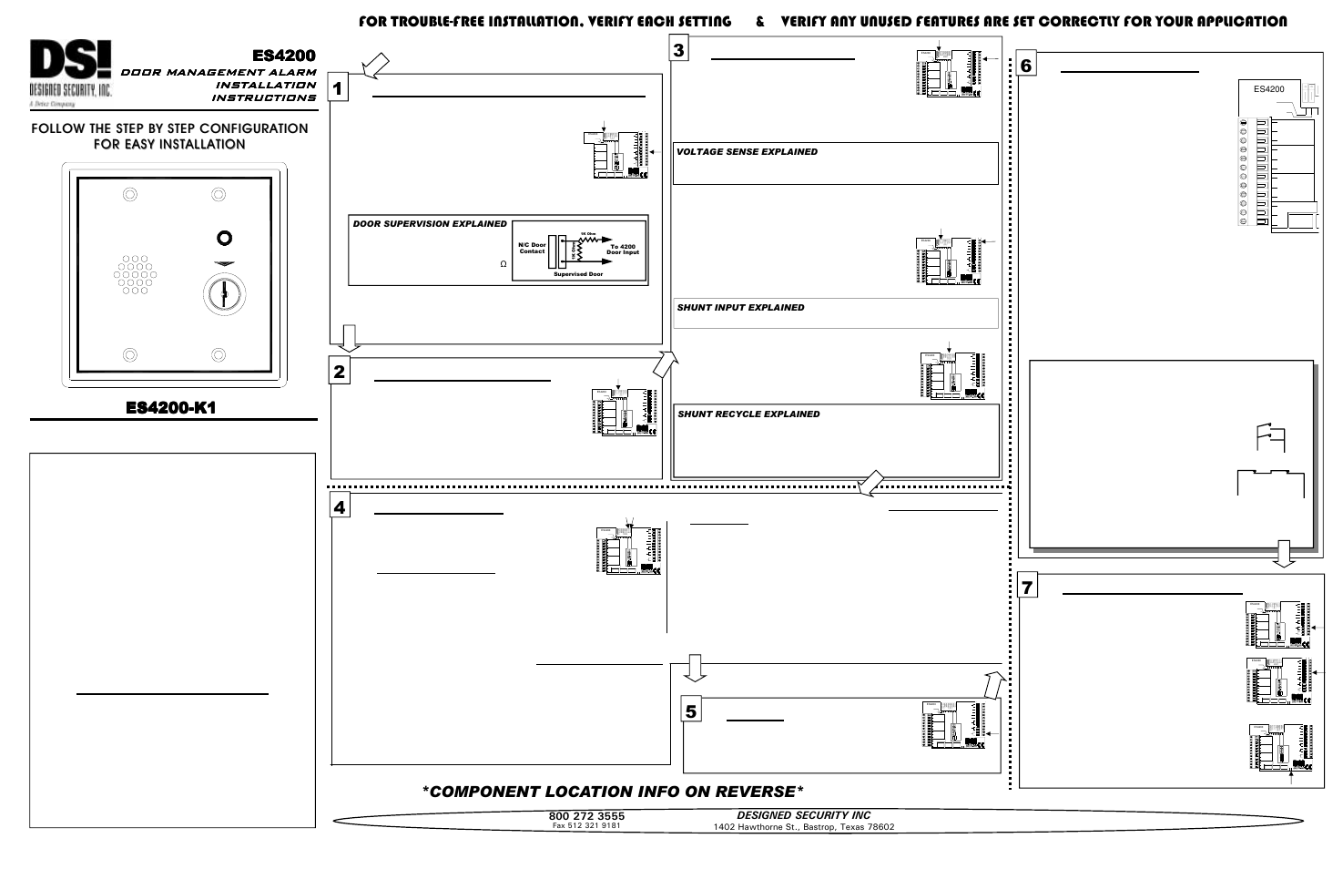 Es4200, Step by step, Access control | Door , supervision, and tamper, Intrusion detection, Outputs, Timer settings, Power, Additional features, Component location info on reverse | Detex EAX-4200 User Manual | Page 2 / 2