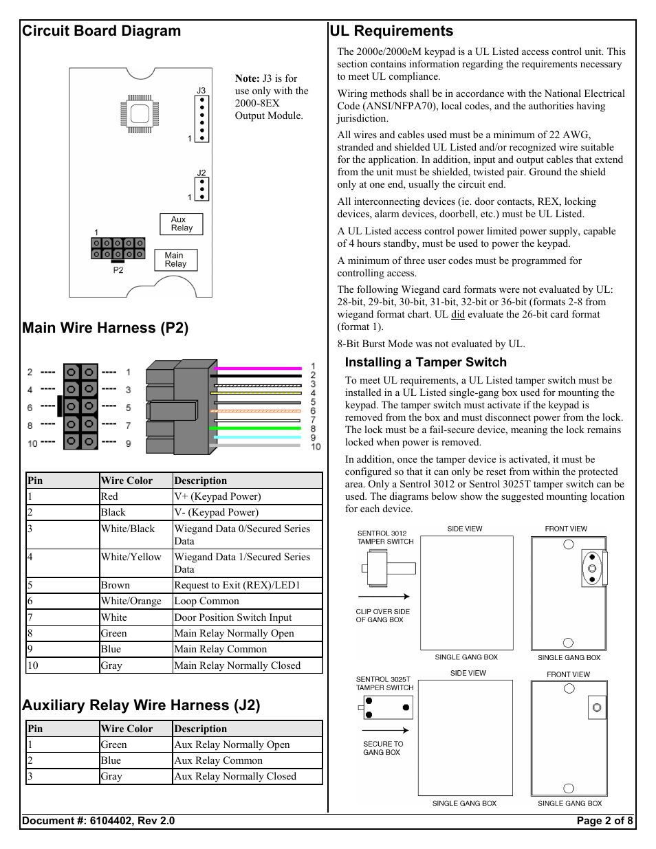 Circuit board diagram main wire harness (p2), Auxiliary relay wire harness (j2), Ul requirements | Detex DTX-4100 User Manual | Page 2 / 8