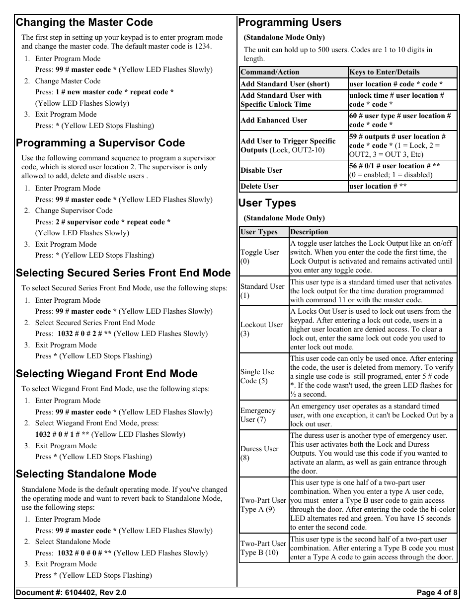 Changing the master code, Programming a supervisor code, Selecting secured series front end mode | Selecting wiegand front end mode, Selecting standalone mode, Programming users, User types | Detex DTX-4100 User Manual | Page 4 / 8
