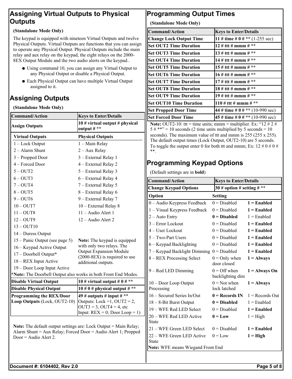 Assigning virtual outputs to physical outputs, Assigning outputs, Programming output times | Programming keypad options | Detex DTX-4100 User Manual | Page 5 / 8