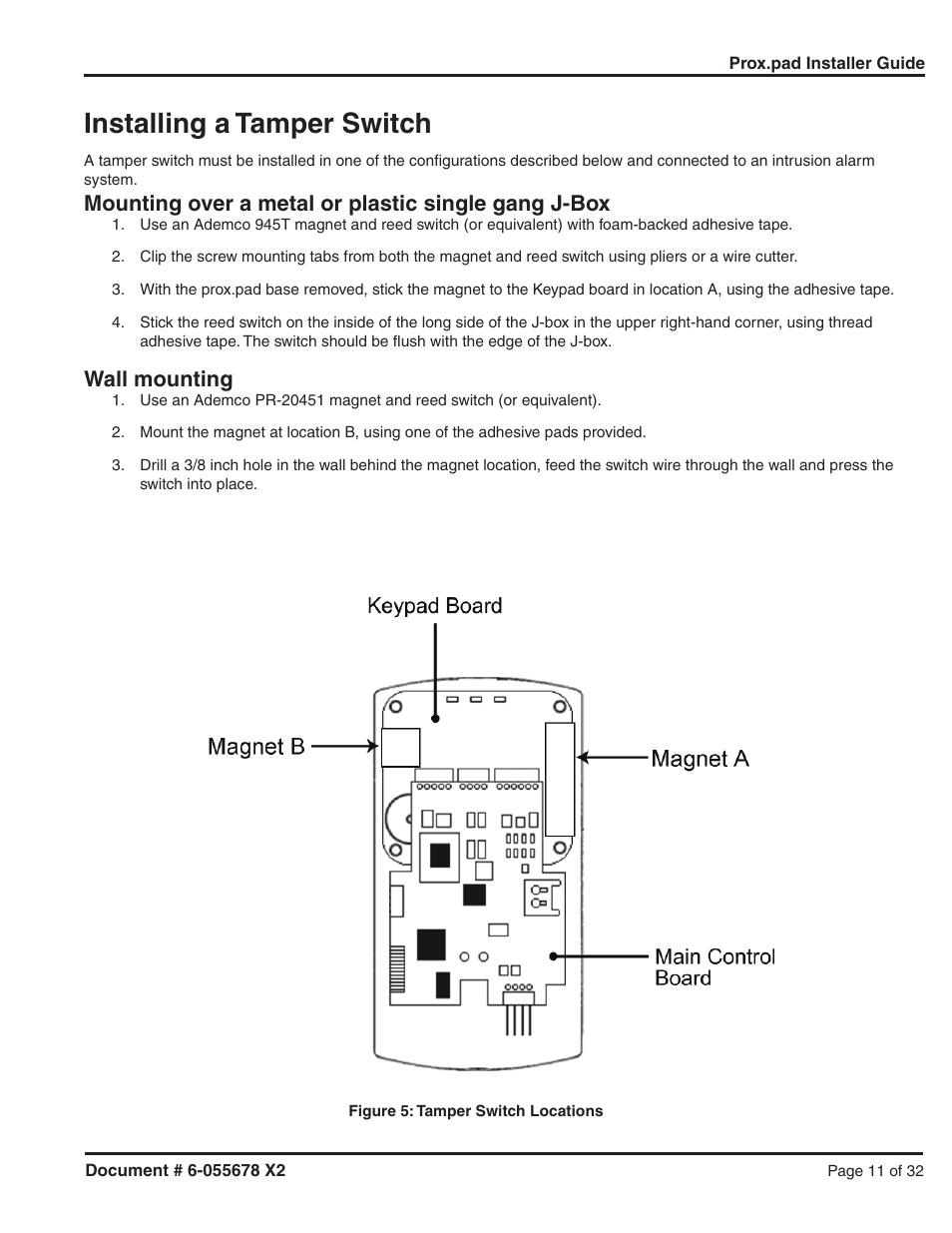 Installing a tamper switch, Mounting over a metal or plastic single gang j-box, Wall mounting | Detex DTX-2300 User Manual | Page 11 / 32