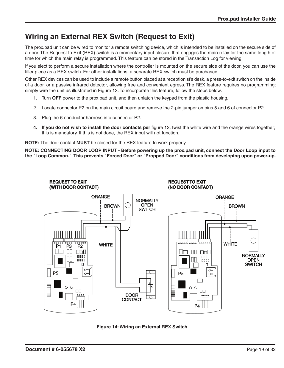 Wiring an external rex switch (request to exit) | Detex DTX-2300 User Manual | Page 19 / 32