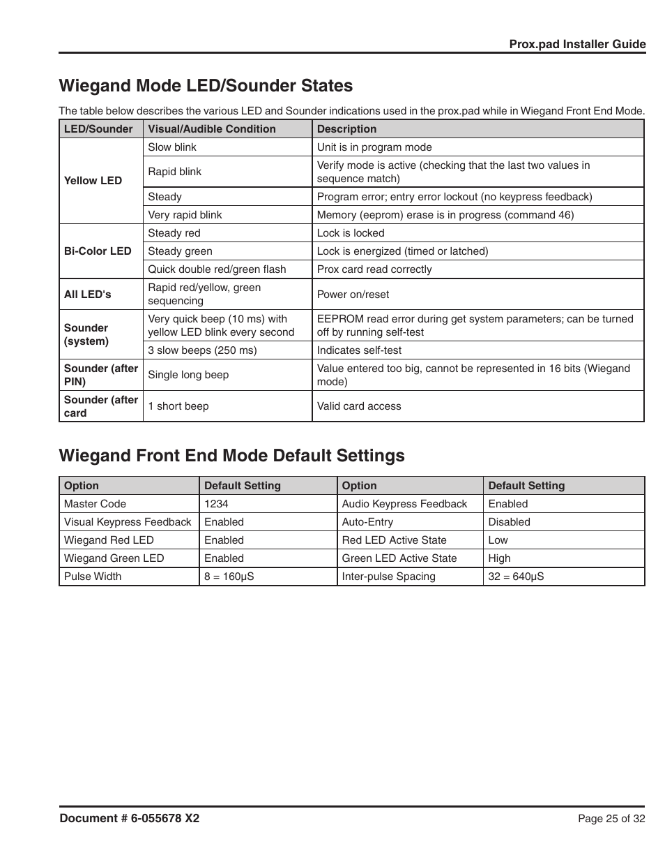 Wiegand mode led/sounder states, Wiegand front end mode default settings | Detex DTX-2300 User Manual | Page 25 / 32