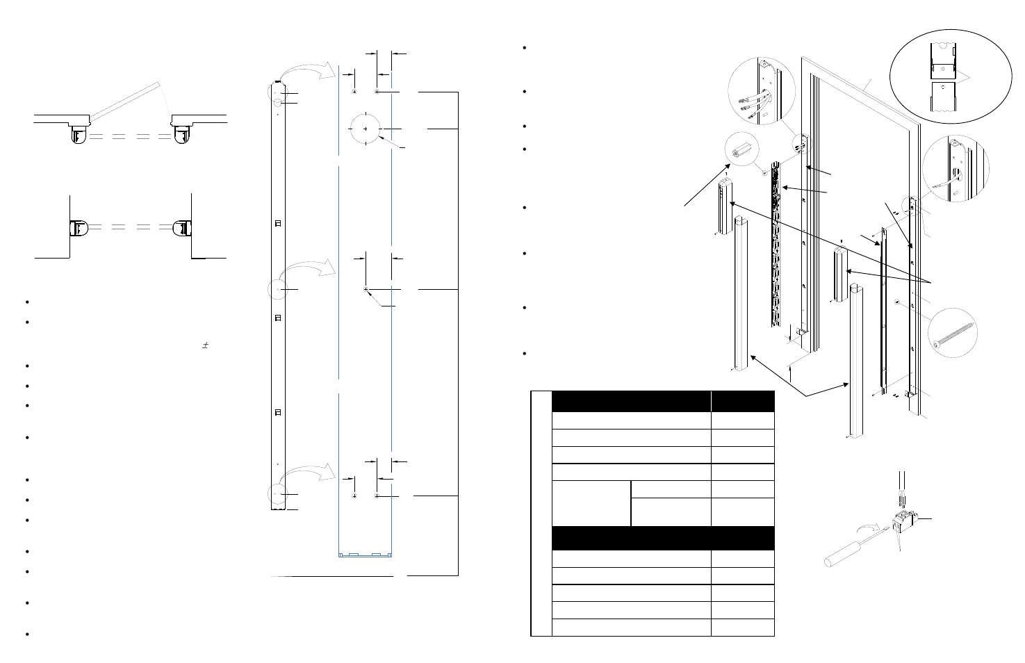 Connection planning t able inputs, Outputs, Physical installation | Assembly, Form c 1 amp, See diagram at right for mounting plate detail, Door/ hallway width 30” min ” max, Use mounting plate as template for holes, Mark wiring hole center at 56 3/4” from floor, Set mounting plate aside | Detex AT-5200 User Manual | Page 2 / 2