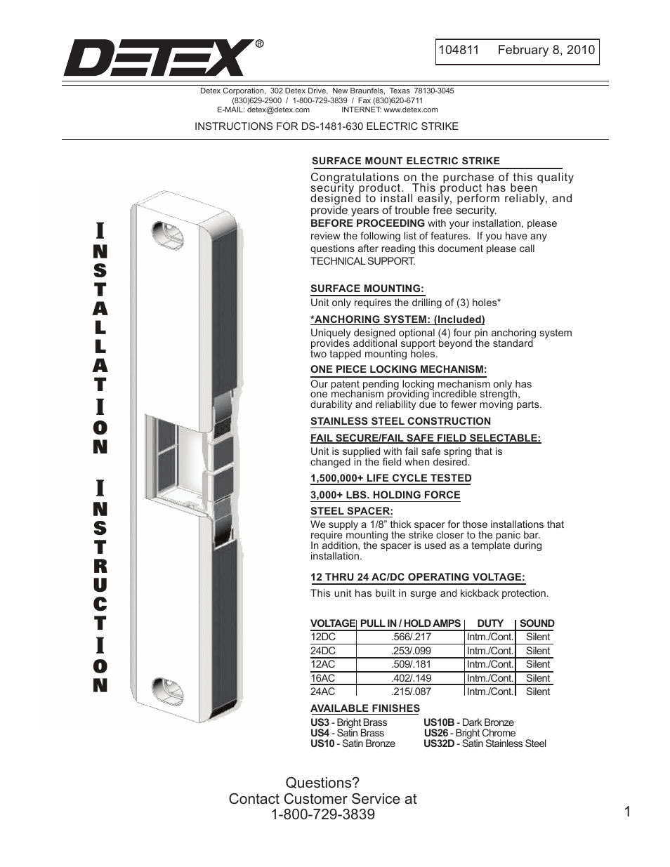 Detex DS-1481 User Manual | 4 pages