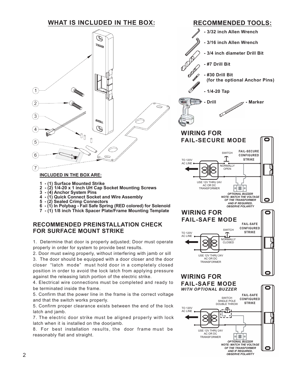 What is included in the box, Recommended tools, Wiring for | Fail-secure mode, Fail-safe mode | Detex DS-1481 User Manual | Page 2 / 4