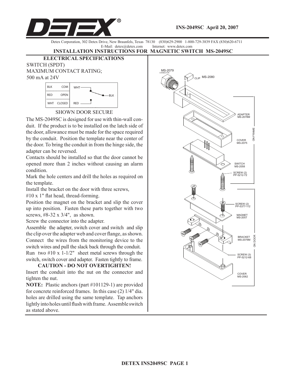 Detex MS-2049SC User Manual | 2 pages