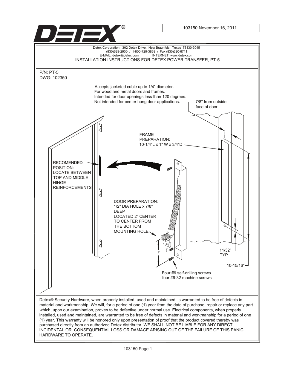 Detex PT5 User Manual | 2 pages