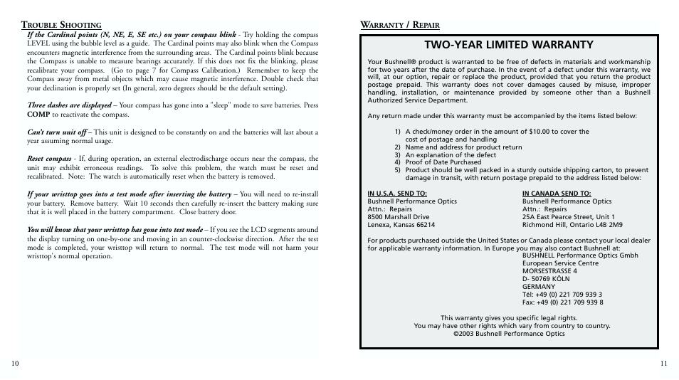 Two-year limited warranty | Bushnell 70-0002 User Manual | Page 7 / 33