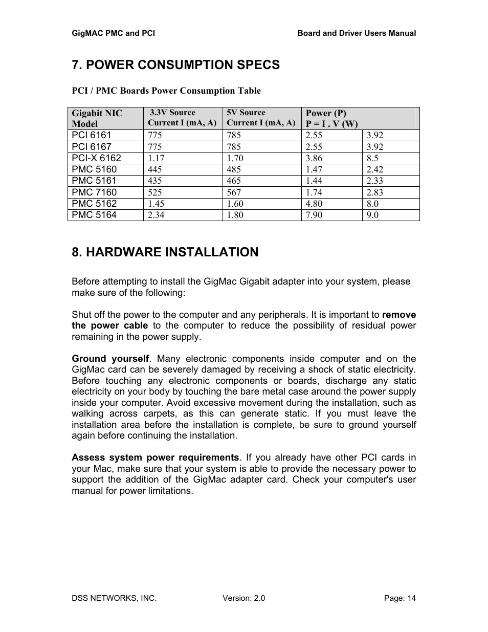 Power consumption specs, Hardware installation, Power consumption specs 8. hardware installation | DSS Networks 5161 User Manual | Page 14 / 33