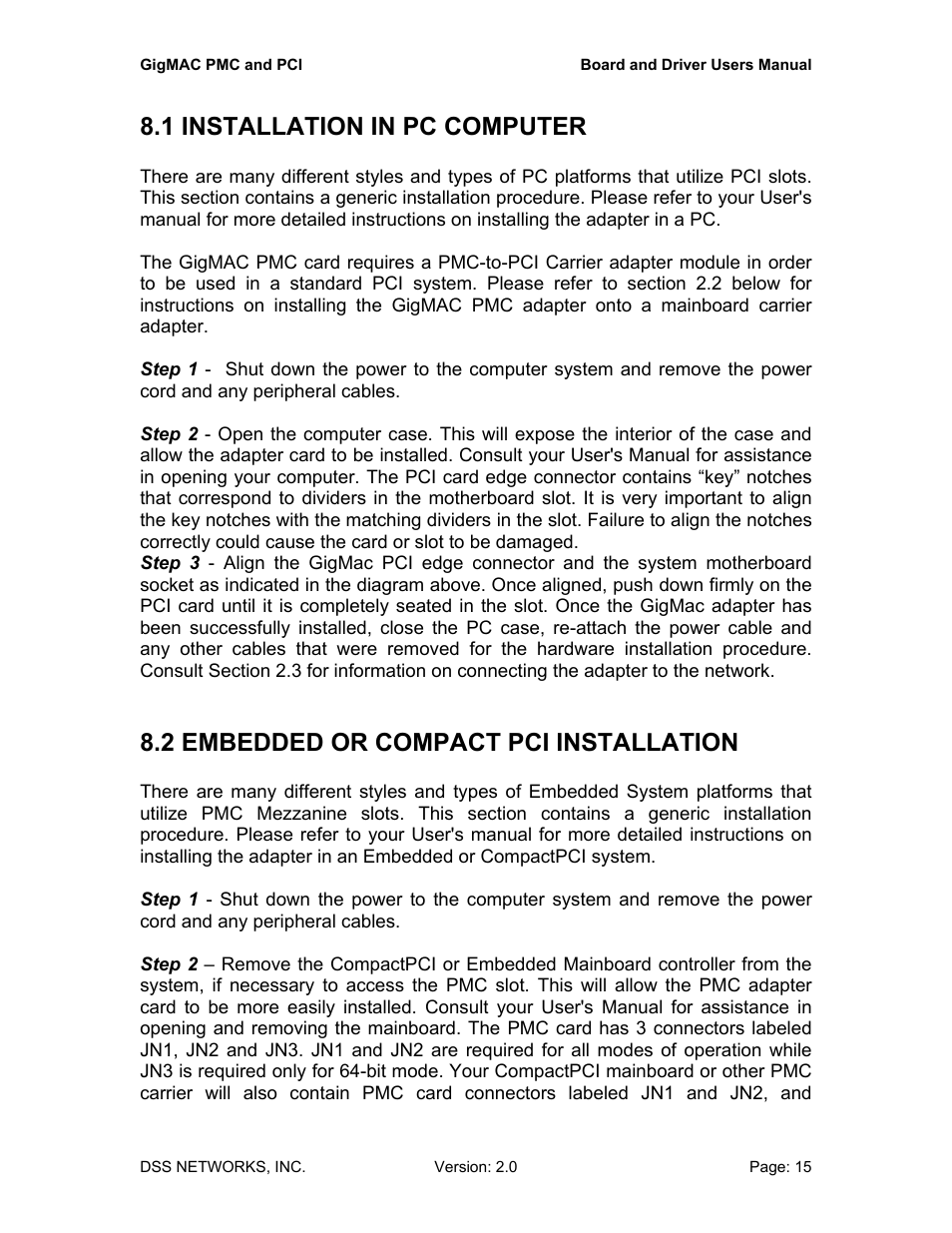 1 installation in pc computer, 2 embedded or compact pci installation | DSS Networks 5161 User Manual | Page 15 / 33