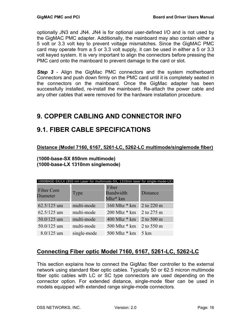 Copper cabling and connector info, Fiber cable specifications | DSS Networks 5161 User Manual | Page 16 / 33