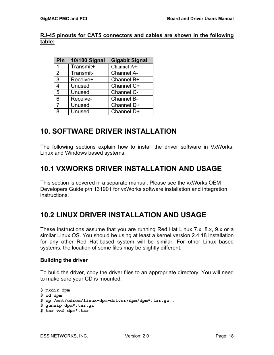 Software driver installation, 1 vxworks driver installation and usage, 2 linux driver installation and usage | DSS Networks 5161 User Manual | Page 18 / 33