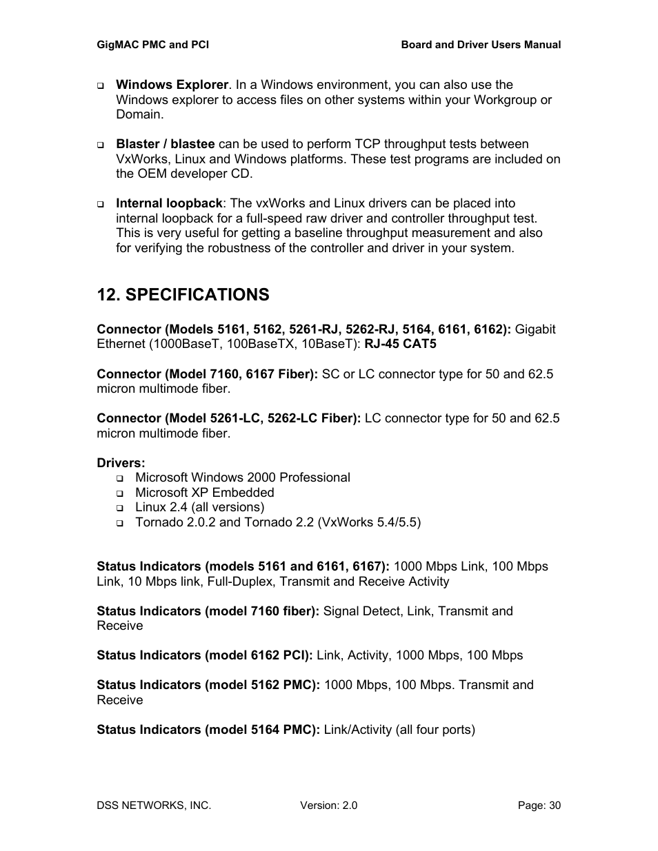 Specifications | DSS Networks 5161 User Manual | Page 30 / 33