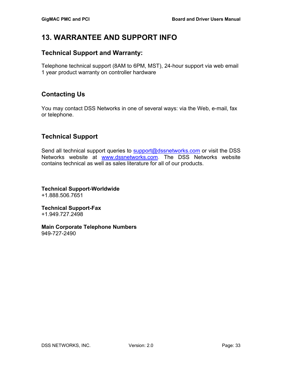 Warrantee and support info | DSS Networks 5161 User Manual | Page 33 / 33