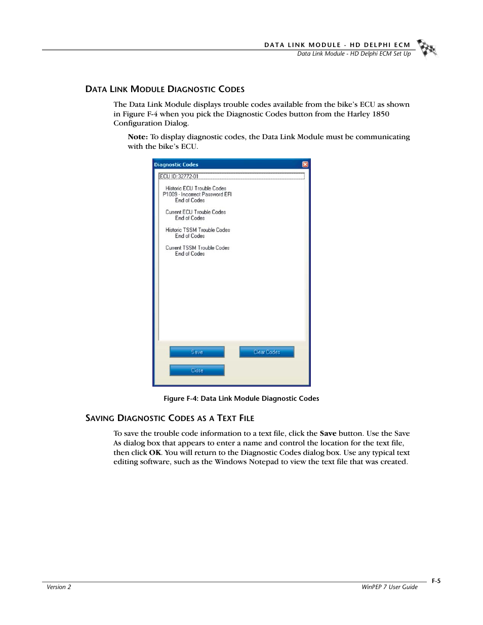 Data link module diagnostic codes, Saving diagnostic codes as a text file | Dynojet WinPEP 7 User Manual | Page 147 / 170