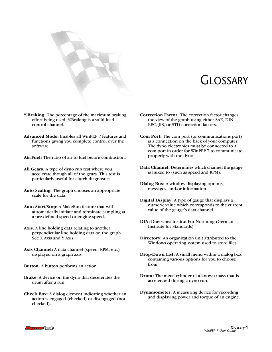 Glossary, Drum, Specific. that me | Com port, Two com ports f, Directory, Structure, Dynamometer, Correction factors, Measuring engine horsepower | Dynojet WinPEP 7 User Manual | Page 161 / 170