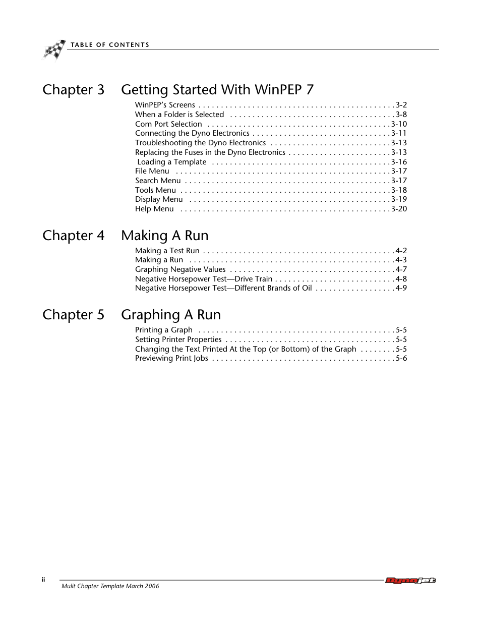 Chapter 3 getting started with winpep 7, Chapter 4 making a run, Chapter 5 graphing a run | Dynojet WinPEP 7 User Manual | Page 4 / 170