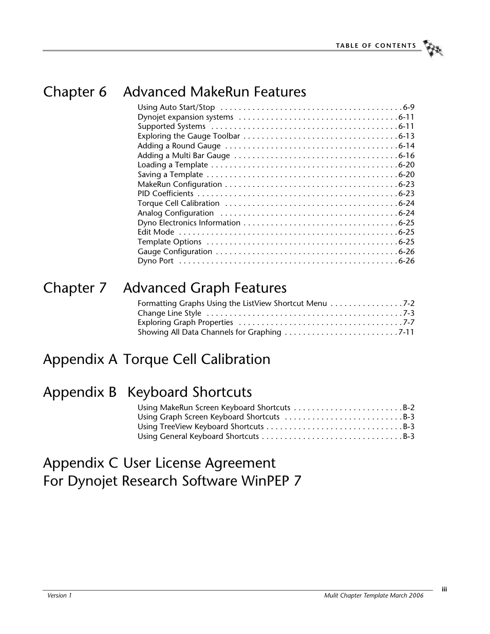 Chapter 6 advanced makerun features, Chapter 7 advanced graph features | Dynojet WinPEP 7 User Manual | Page 5 / 170
