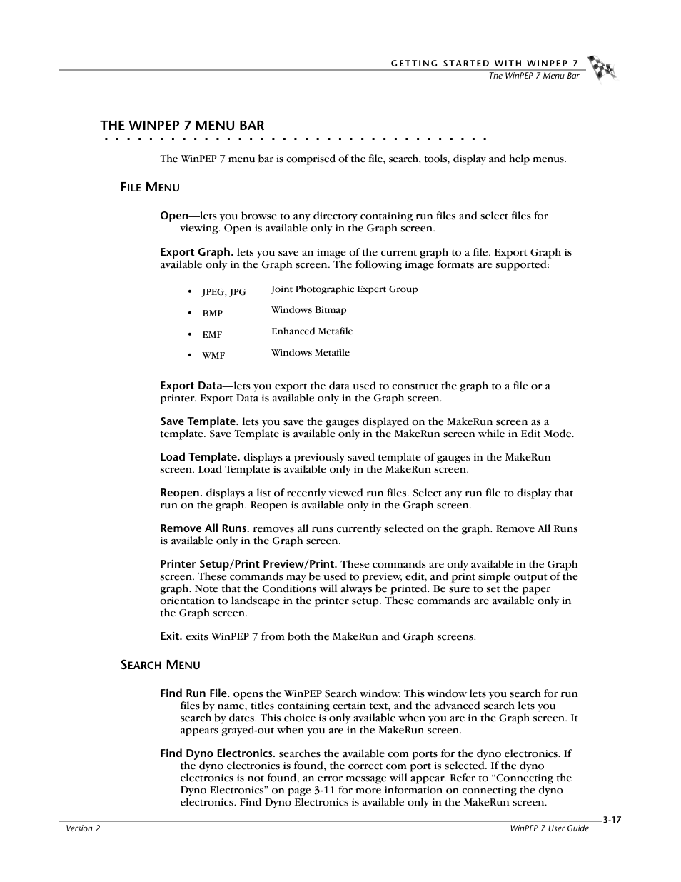 The winpep 7 menu bar, File menu, Search menu | File menu -17 search menu -17 | Dynojet WinPEP 7 User Manual | Page 51 / 170