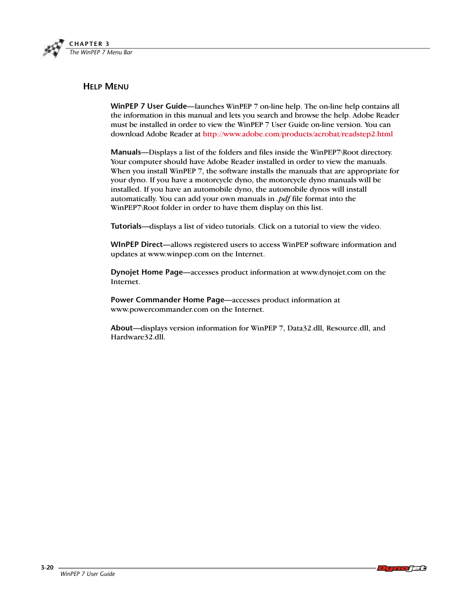 Help menu, Help menu -20 | Dynojet WinPEP 7 User Manual | Page 54 / 170