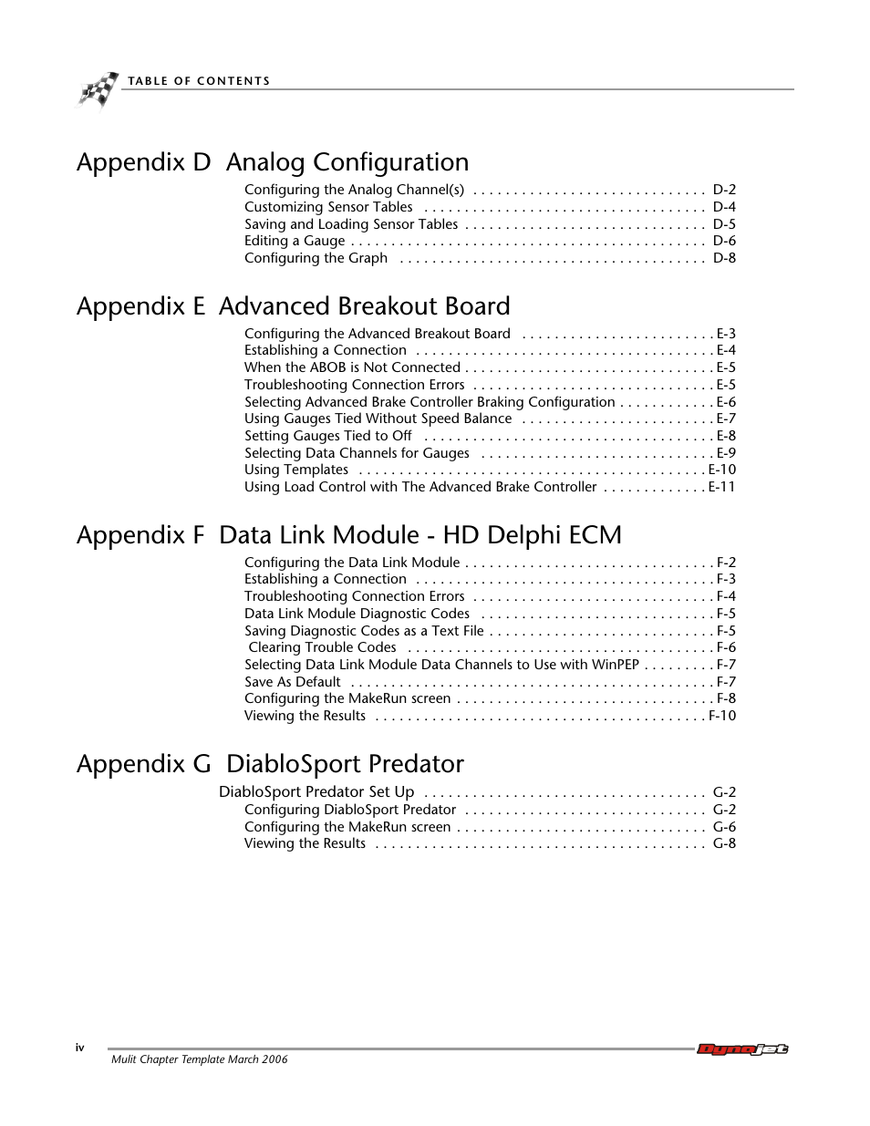 Appendix d analog configuration, Appendix e advanced breakout board, Appendix f data link module - hd delphi ecm | Appendix g diablosport predator | Dynojet WinPEP 7 User Manual | Page 6 / 170