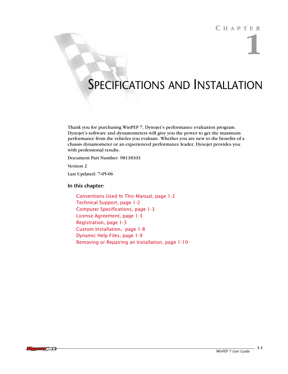 Specifications and installation, Chapter 1 | Dynojet WinPEP 7 User Manual | Page 7 / 170