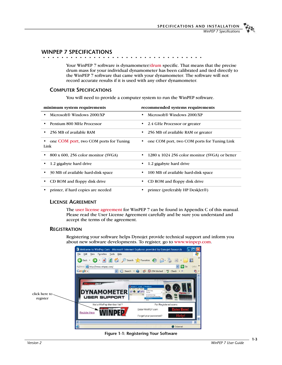 Winpep 7 specifications, Computer specifications, License agreement | Registration | Dynojet WinPEP 7 User Manual | Page 9 / 170
