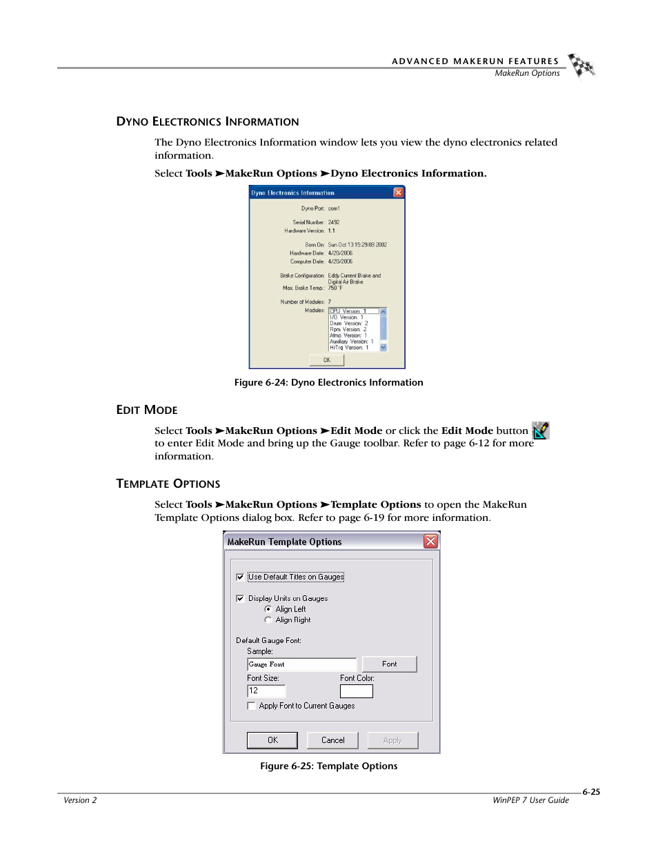 Dyno electronics information, Edit mode, Template options | Dynojet WinPEP 7 User Manual | Page 95 / 170