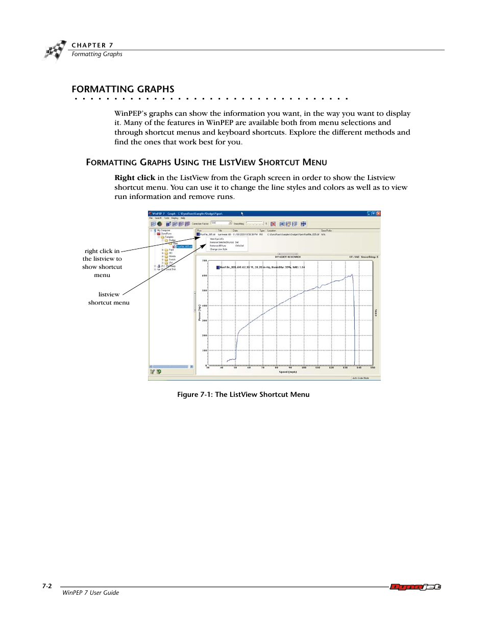 Formatting graphs, Formatting graphs using the listview shortcut menu | Dynojet WinPEP 7 User Manual | Page 98 / 170