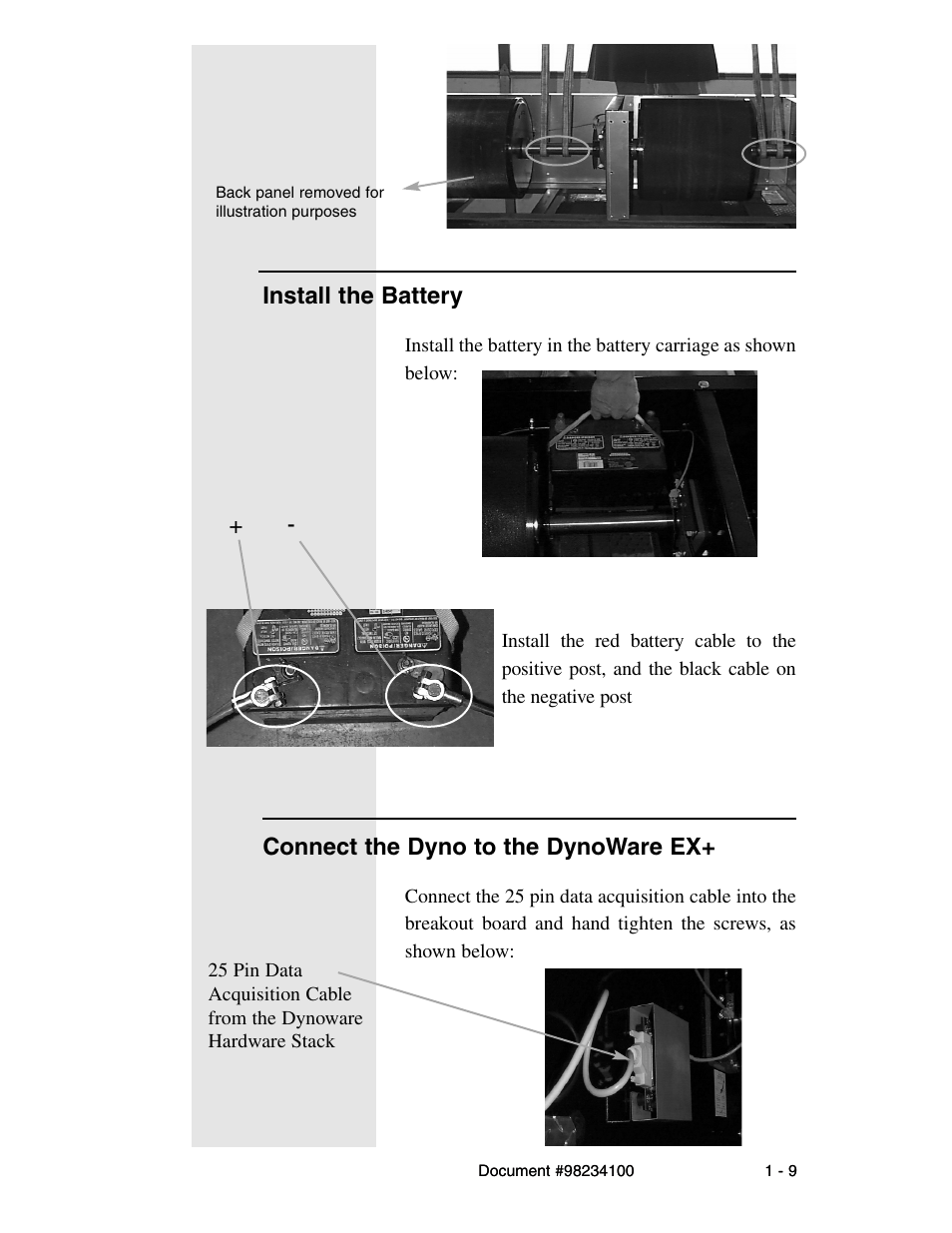 Install the battery, Connect the dyno to the dynoware ex | Dynojet 198: Kart and ATV Dynamometers User Manual | Page 13 / 44