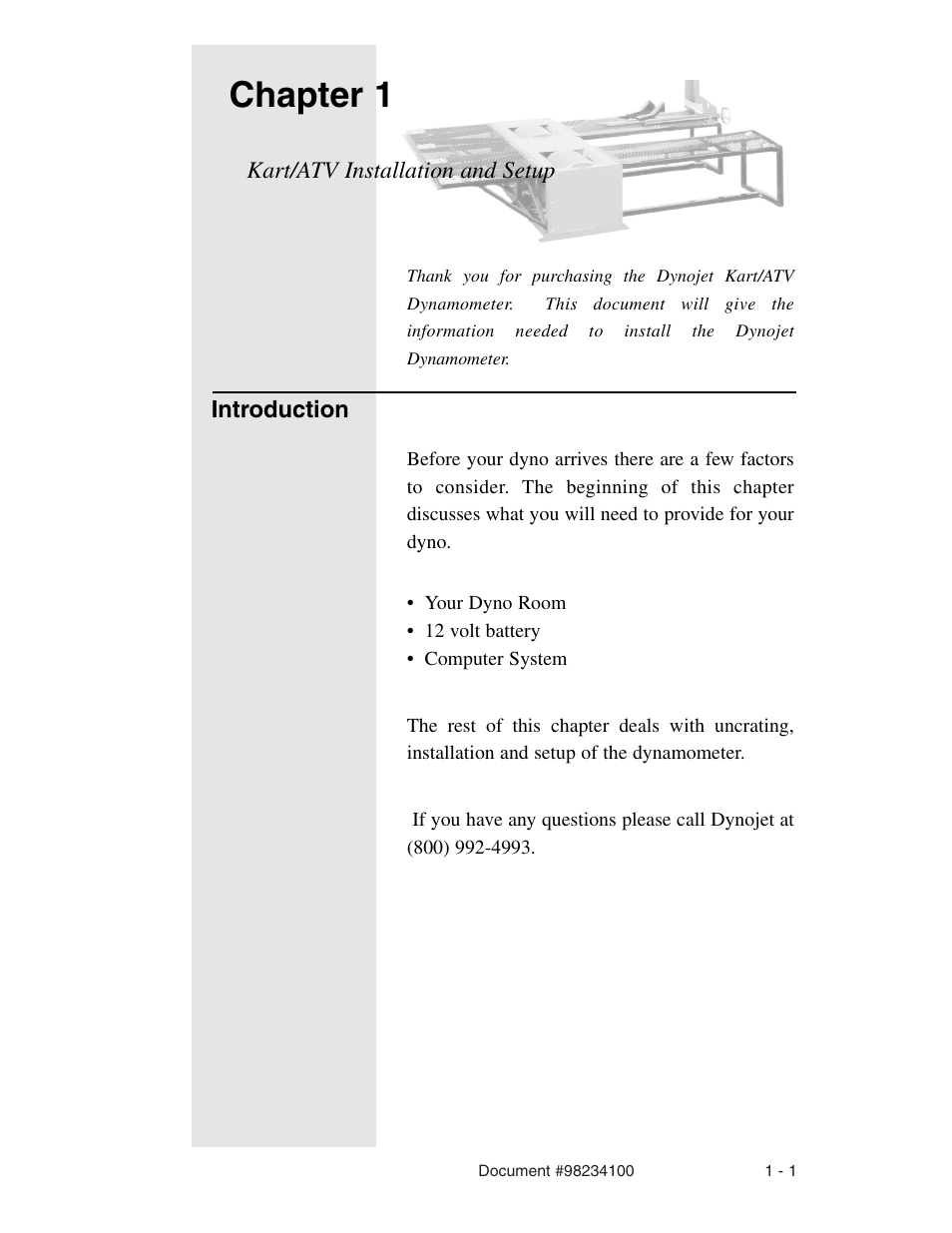 Installation and setup, Chapter 1 | Dynojet 198: Kart and ATV Dynamometers User Manual | Page 5 / 44
